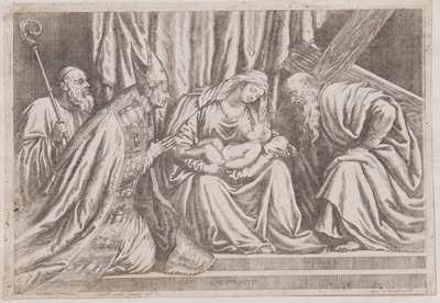 Titian etching from 1682 Saint Mary (the Blessed Virgin) with the Christ Child, Saint Andrew the Apostle, and Saint Titian of Oderzo